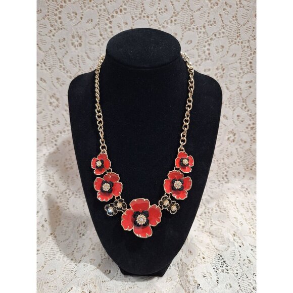 EUC Dana Buchman Gold-tone Red & Black Enamel Floral Rinestone Statement Necklac - Picture 1 of 4